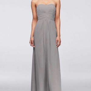 David's Bridal strapless grey bridesmaid dress